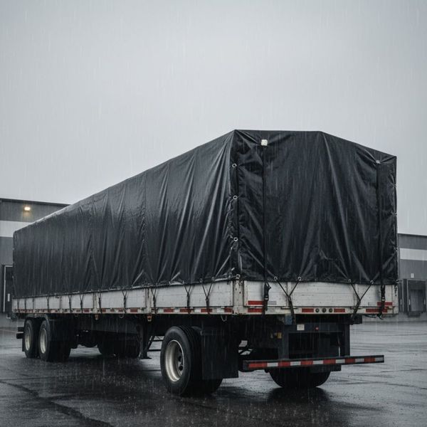 A flatbed truck with cargo securely covered by a professional weather-proof tarp.