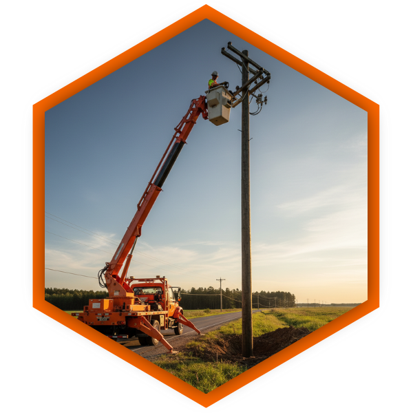 bucket truck lifting a worker to install a utility pole