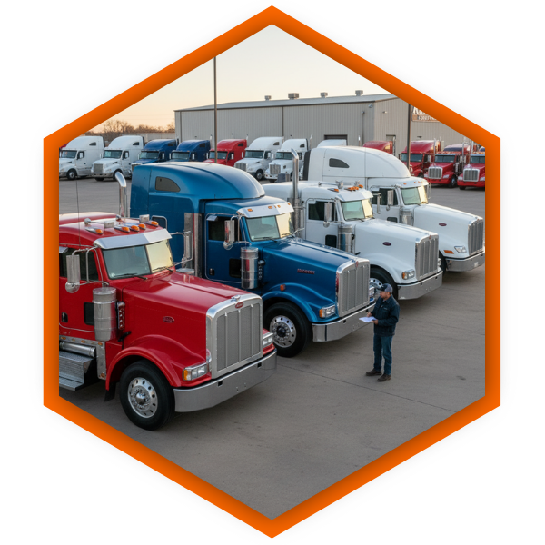 man looking at different semi trucks