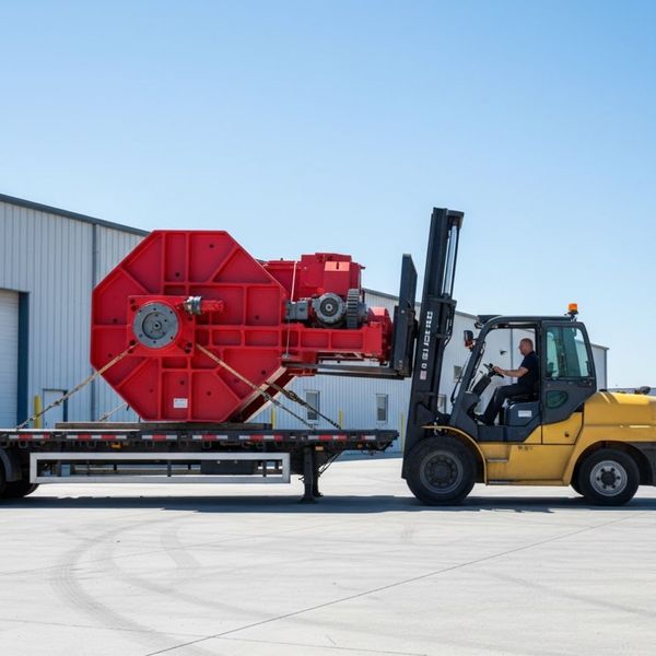 A forklift loading heavy industrial equipment onto the side of a flatbed truck.