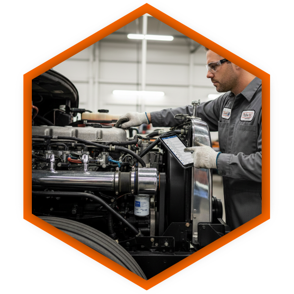 technician looking at a semi truck engine