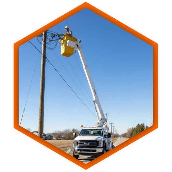 A Ford F450 bucket truck parked near a row of utility poles, with the bucket raised and worker wearing PPE