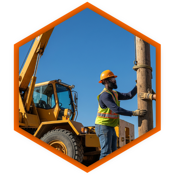 A construction site with both an excavator and a digger derrick present, workers using the digger derrick to place a pole