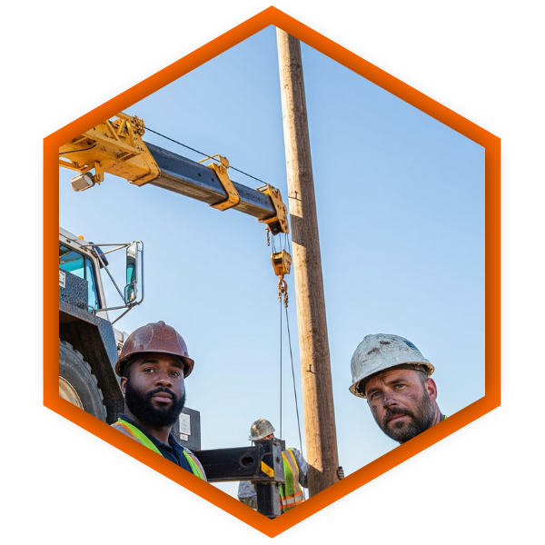 A construction site with both an excavator and a digger derrick present, workers using the digger derrick to place a pole