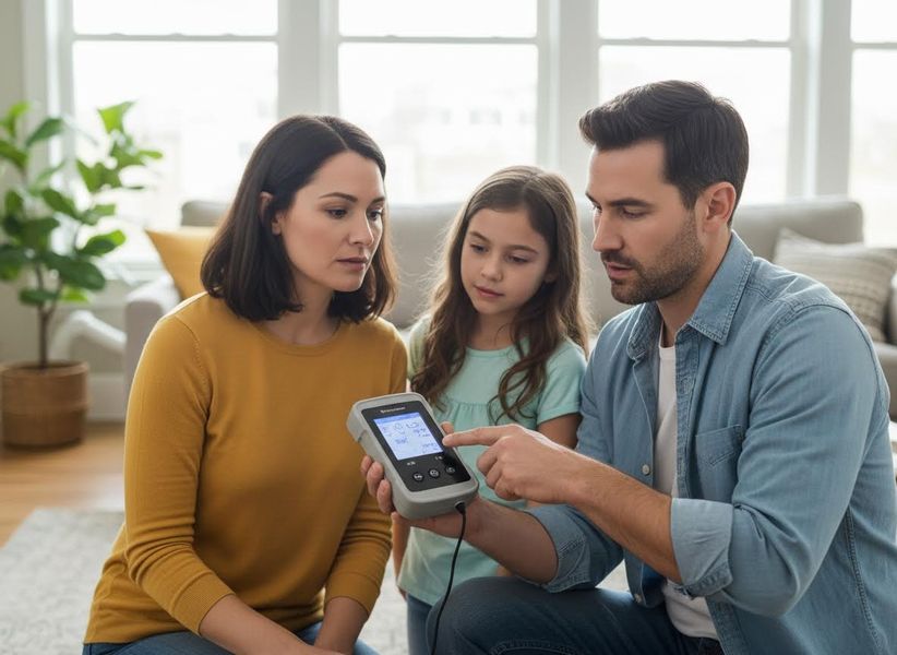 Family reviewing home health monitor
