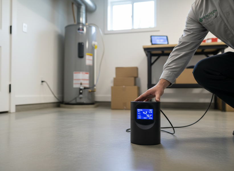 Radon Testing in Basement with Digital Monitor