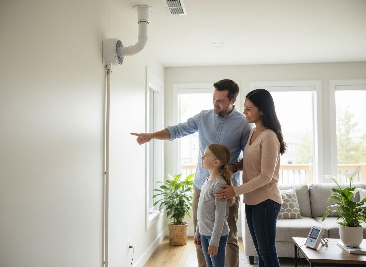Family inspecting home air quality system