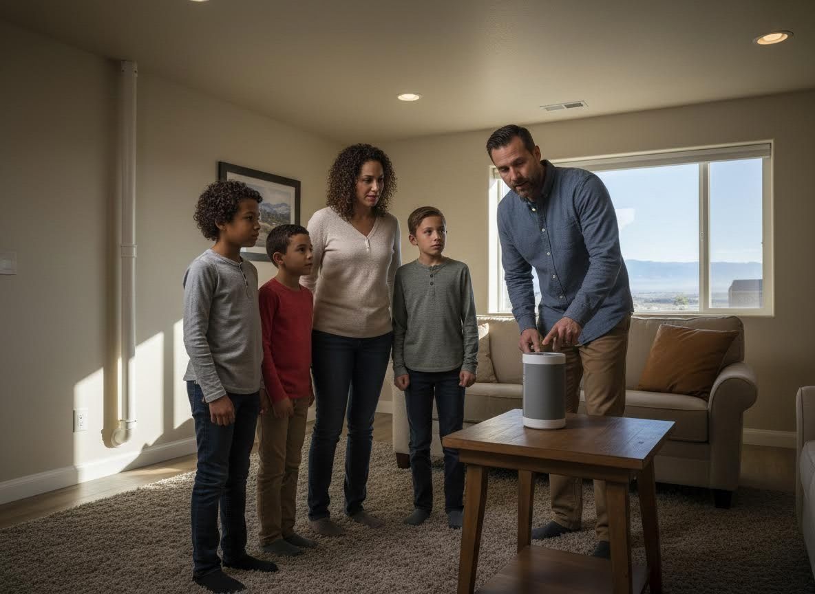 Father demonstrating new smart device to family