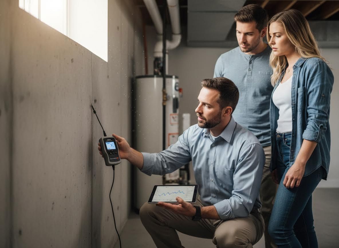 Home Inspector Checking Basement Wall for Moisture