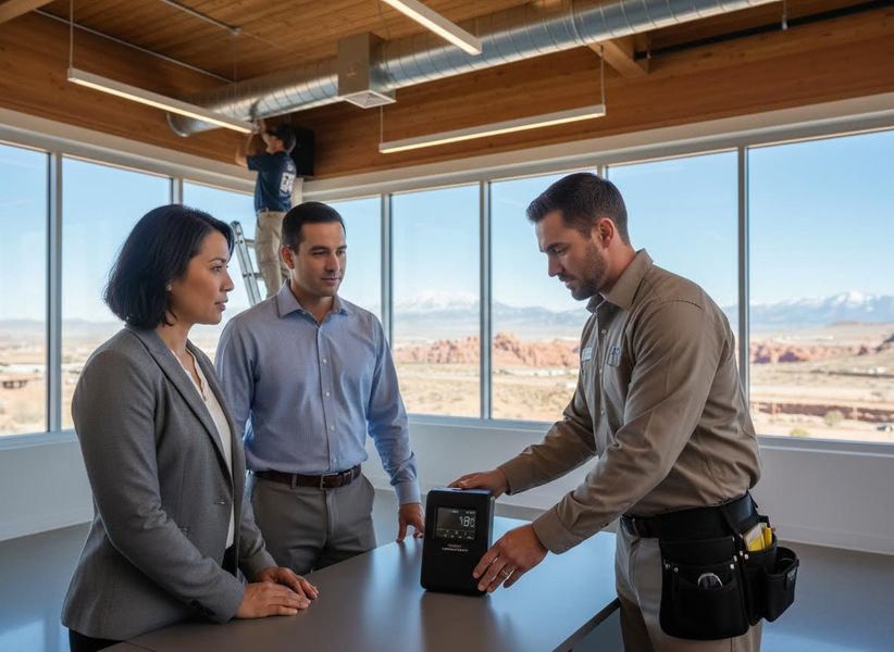Technician Demonstrating Device to Clients in Modern Office