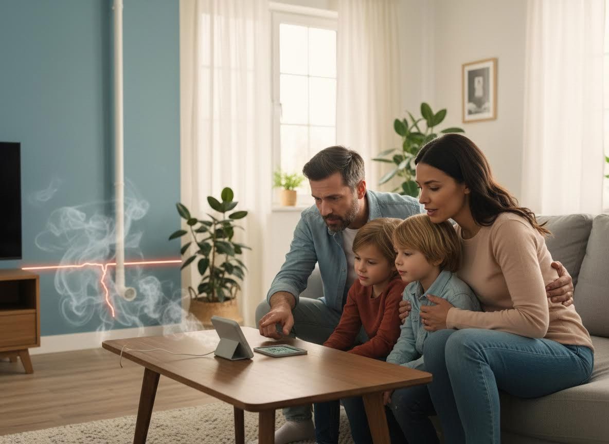 Family looking at smart home device showing a pipe leak