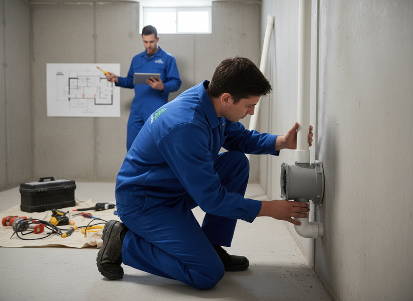 Two technicians in blue coveralls are installing a ventilation system. One connects a pipe while the other reviews blueprints and a tablet. HVAC Technicians Installing Ventilation System