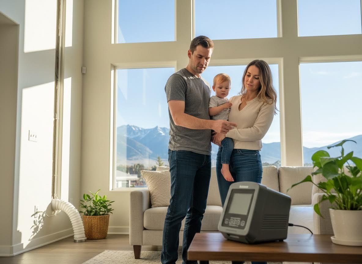 Family Examining Home Air Quality Device