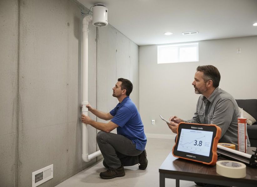 Professionals Installing and Testing a Radon Mitigation System