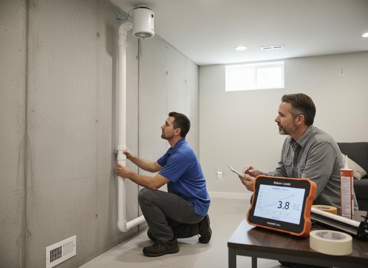 Professionals Installing and Testing a Radon Mitigation System