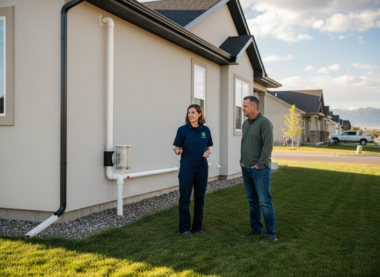 Technician and homeowner discussing rainwater harvesting system
