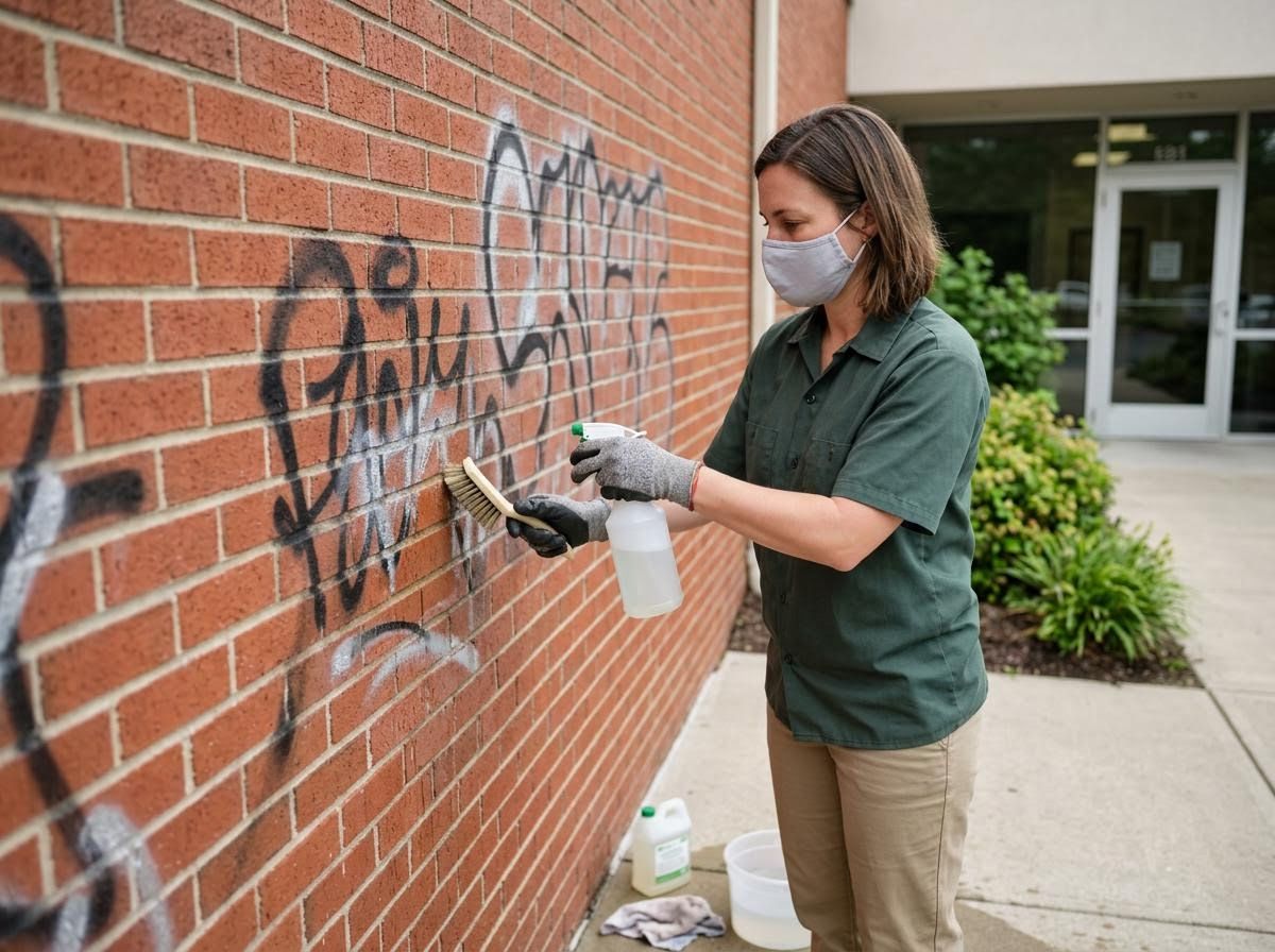 Woman cleaning graffiti from a brick wall