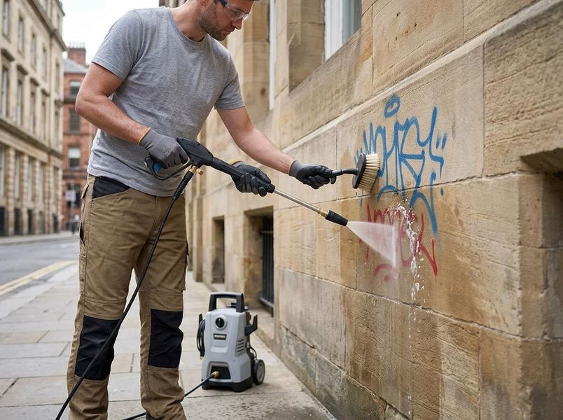 Man cleaning graffiti from a stone wall with a pressure washer and brush