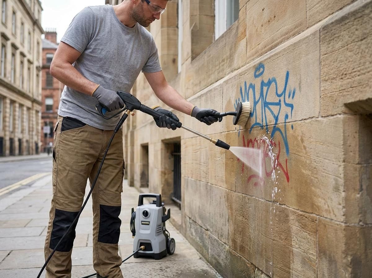 Man cleaning graffiti from a stone wall with a pressure washer and brush