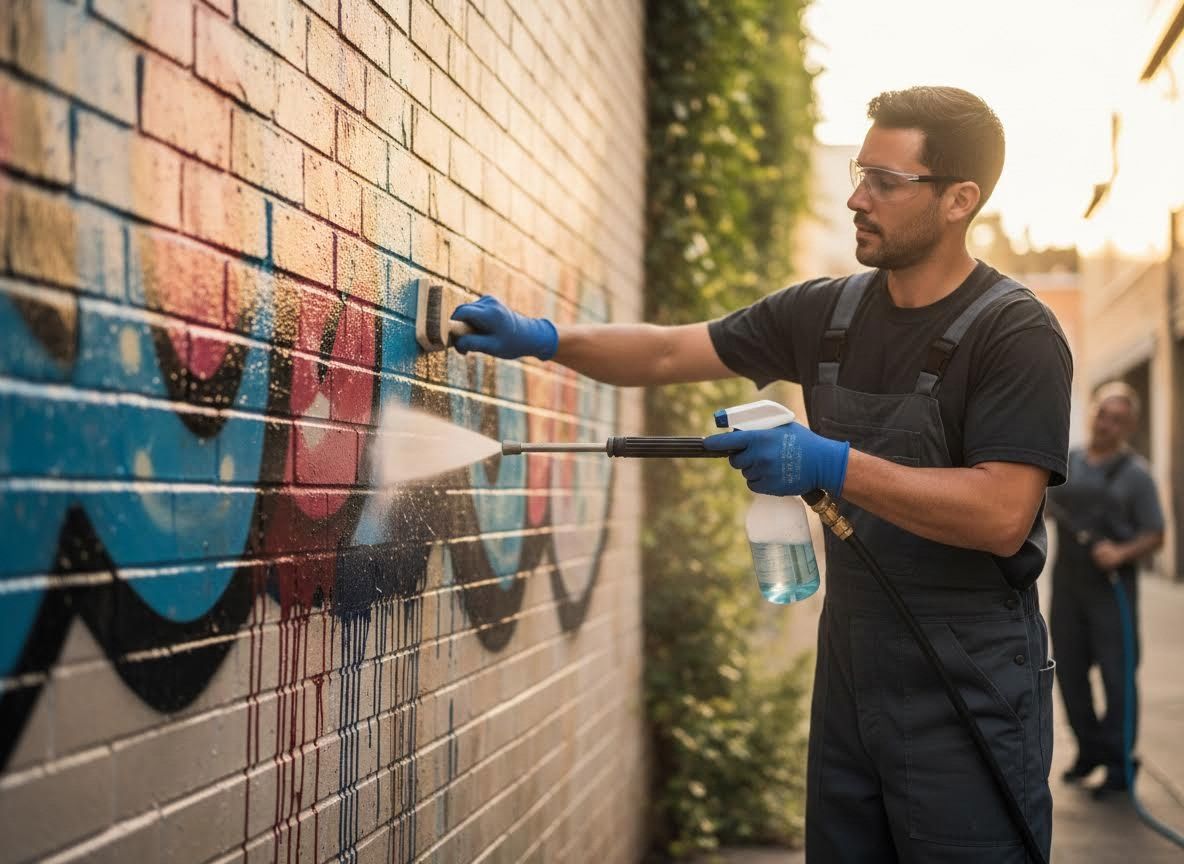 Man cleaning graffiti from brick wall