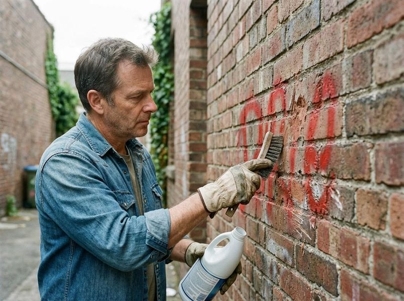 Man cleaning graffiti from a brick wall
