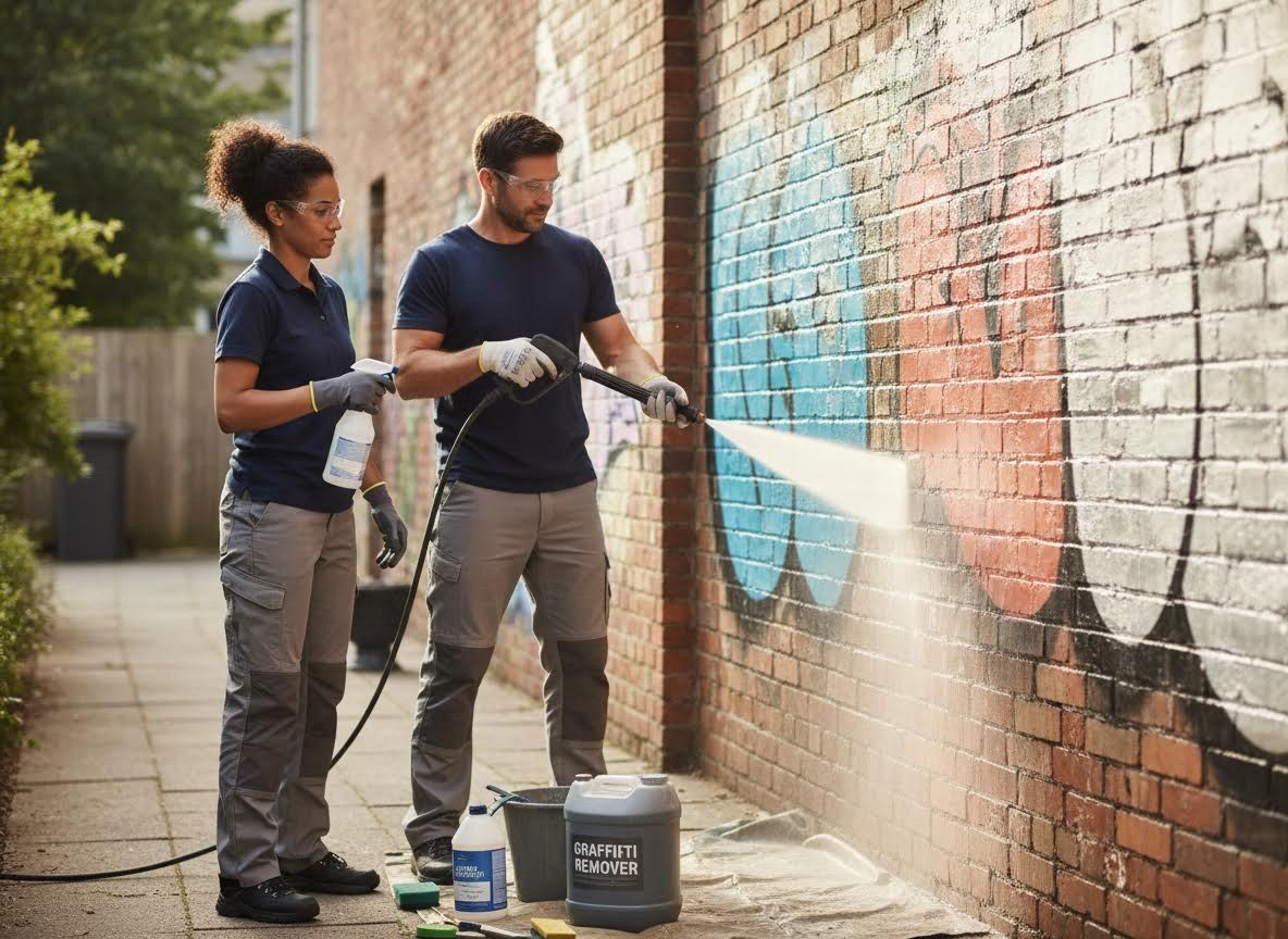 Man and woman removing graffiti from a brick wall with a pressure washer