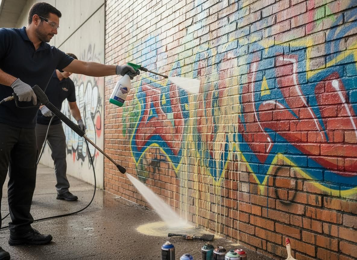 Two men removing graffiti from a brick wall