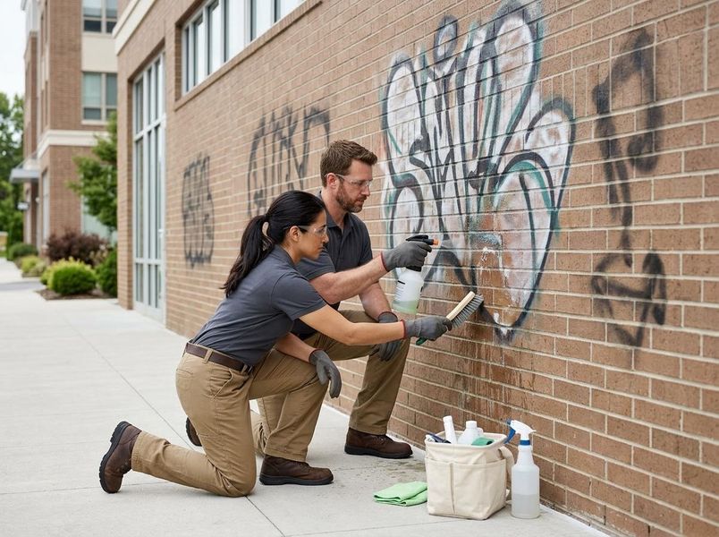 Two individuals cleaning graffiti from a brick wall