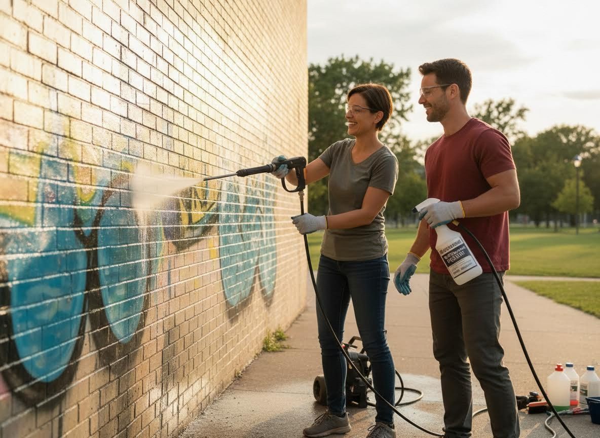 Couple pressure washing graffiti off a brick wall