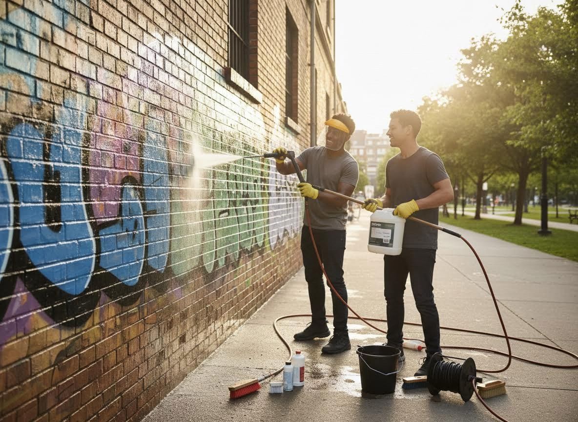 Two men cleaning graffiti off a brick wall