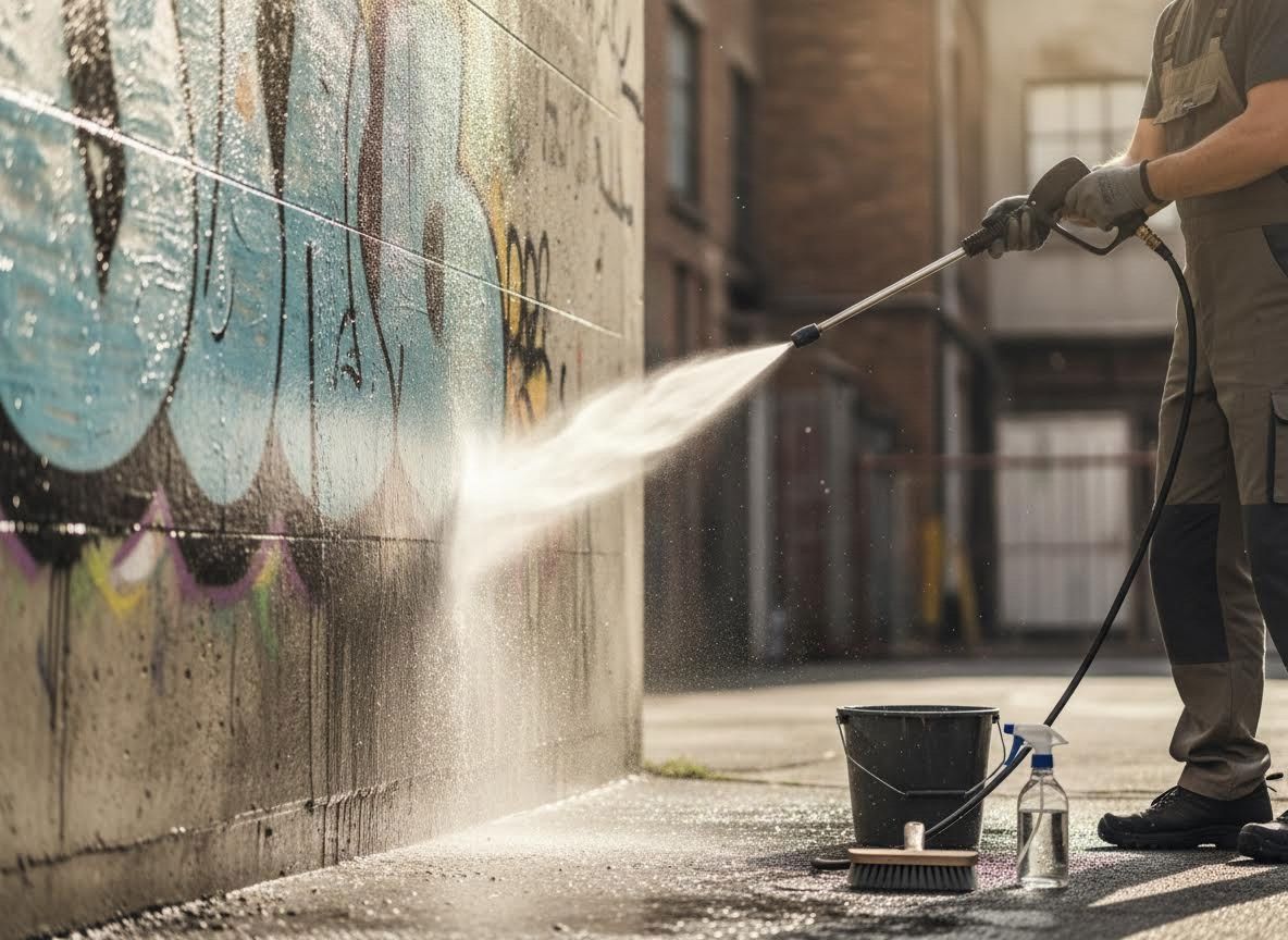 Pressure washing graffiti off a concrete wall