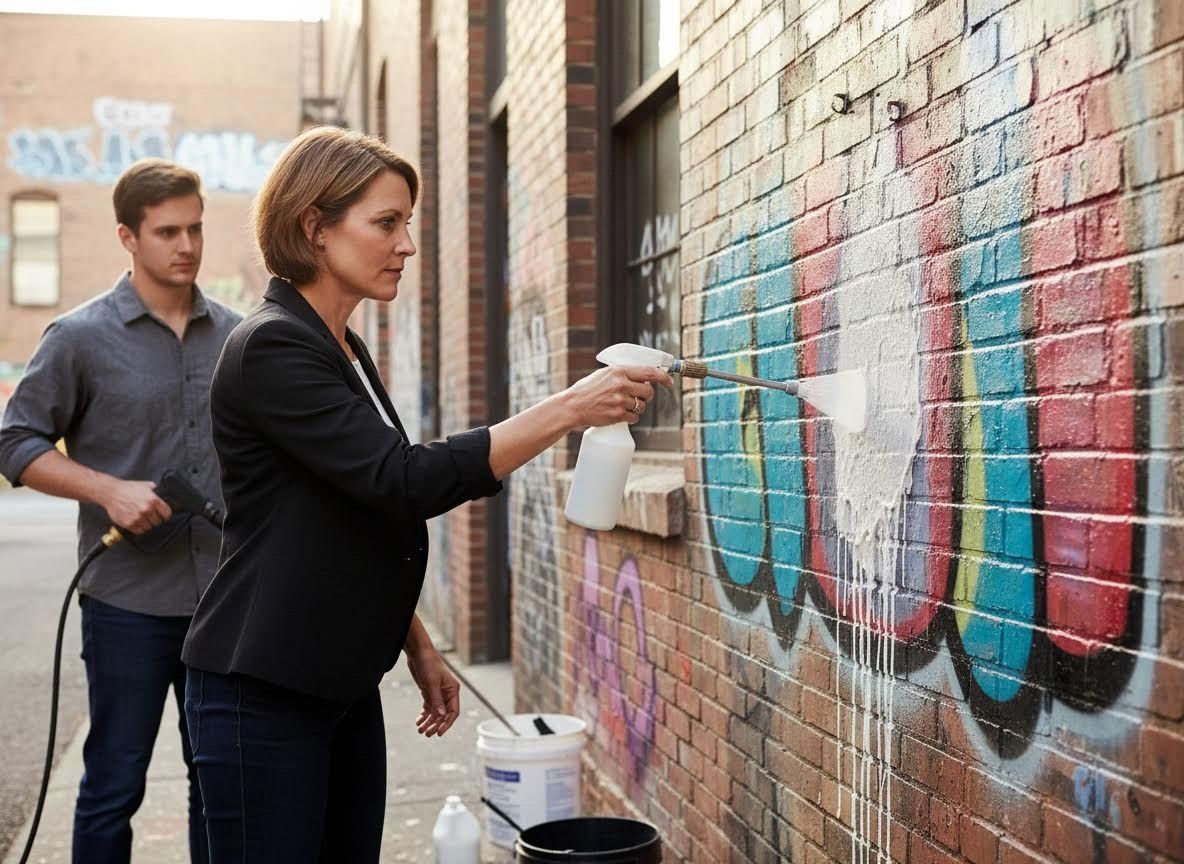 Woman cleaning graffiti from brick wall