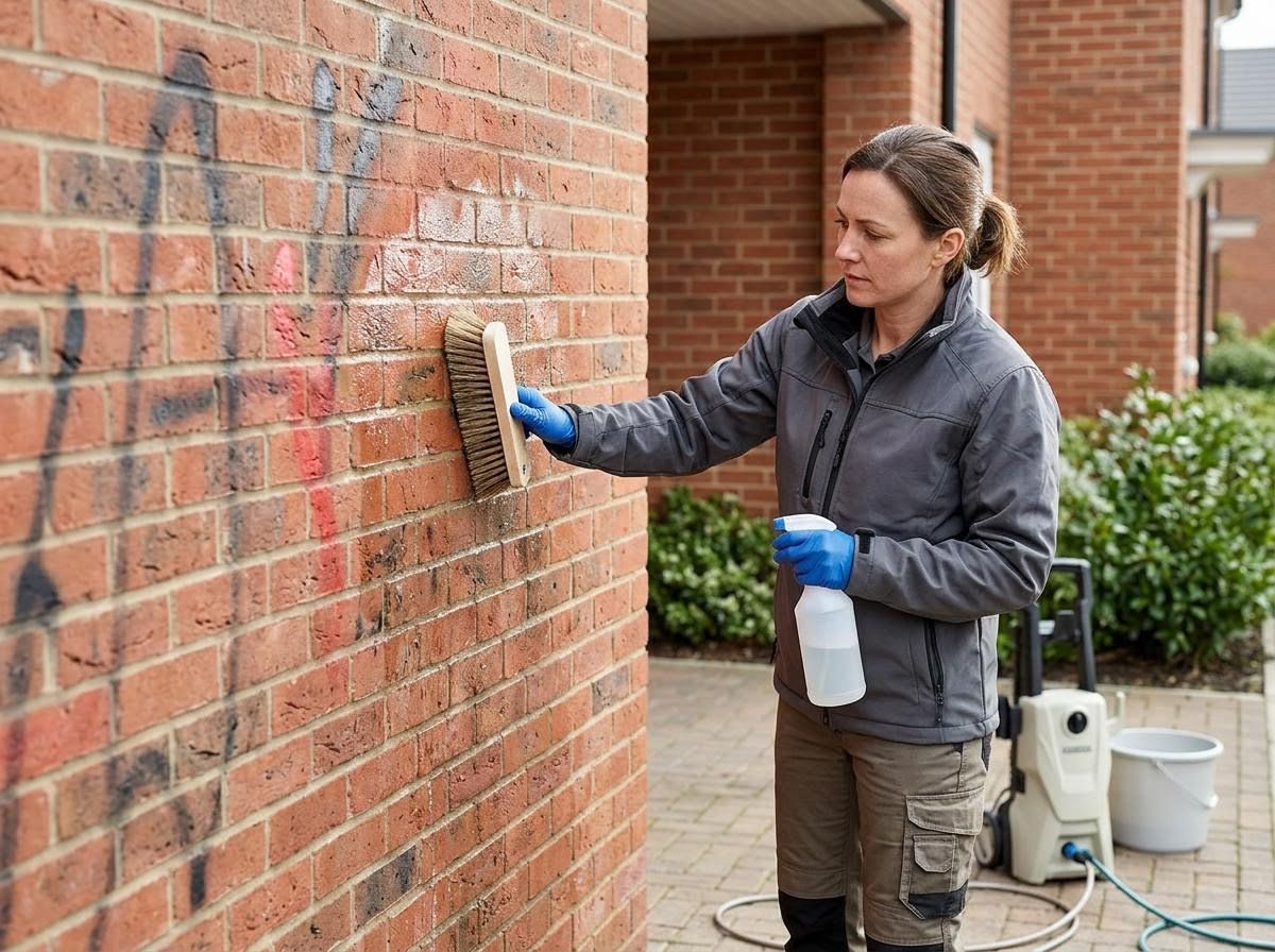 Woman cleaning graffiti off a brick wall