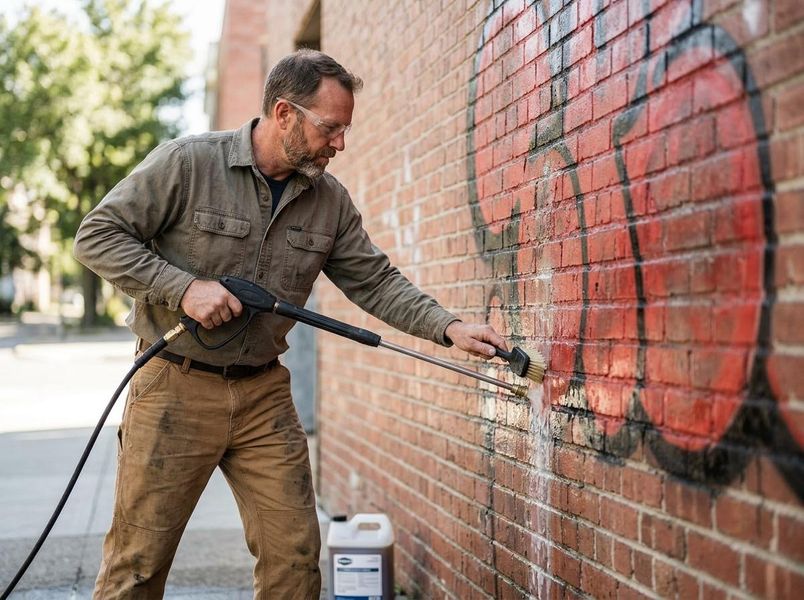 Man cleaning graffiti from brick wall with pressure washer and scrub brush