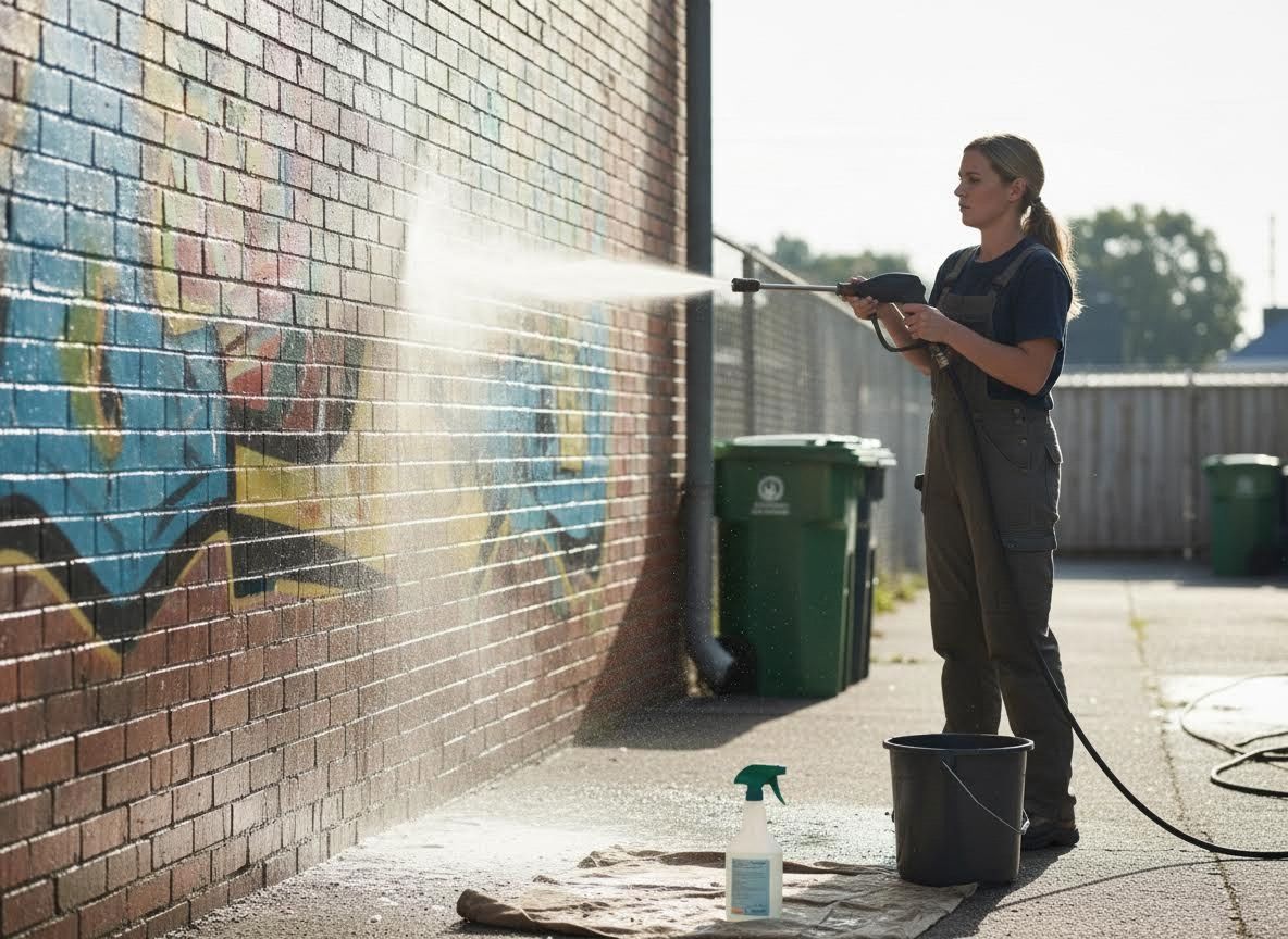 Woman Power Washing Graffiti Off a Brick Wall