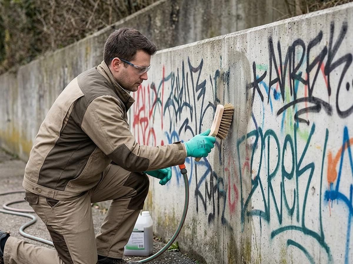 Man cleaning graffiti from concrete wall with brush and hose