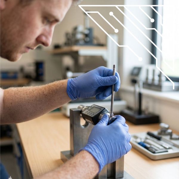 making a precise adjustment using specialized verification tools on a complex digital torque transducer connected to a testing standard