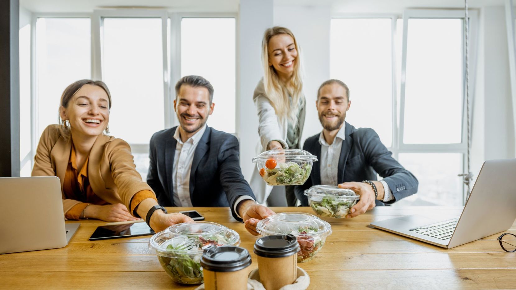 Employees eating in break room