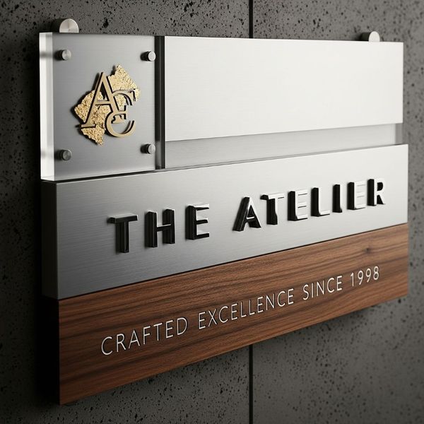 A detailed shot of a sign made from premium materials like brushed metal and wood