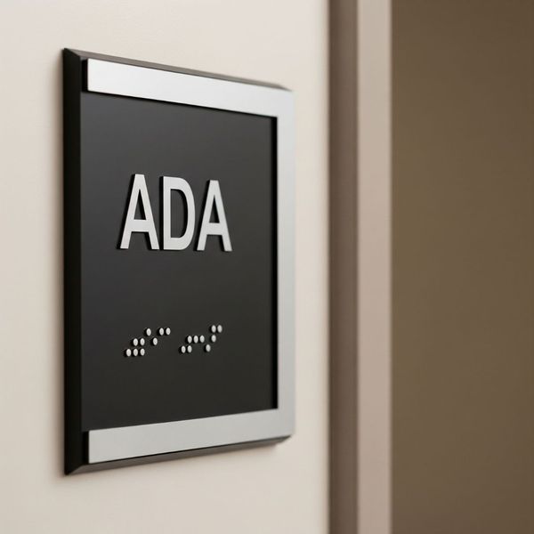 A close-up of a professionally installed ADA-compliant sign with tactile letters and braille next to a doorway A close-up of a professionally installed ADA-compliant sign with tactile letters and braille next to a doorway