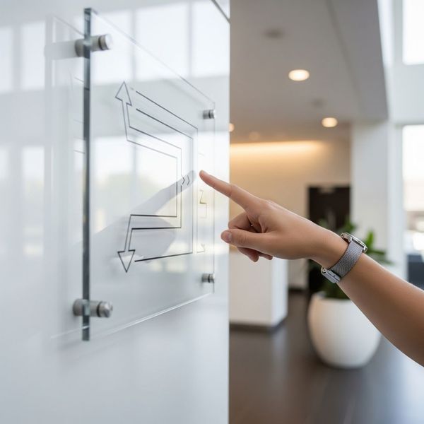 A person's finger traces a route on a modern wayfinding directory sign in a building lobby A person's finger traces a route on a modern wayfinding directory sign in a building lobby