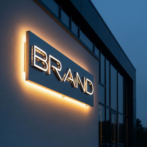 A dimensional business sign on an exterior wall, with backlighting creating an impressive halo effect at dusk A dimensional business sign on an exterior wall, with backlighting creating an impressive halo effect at dusk