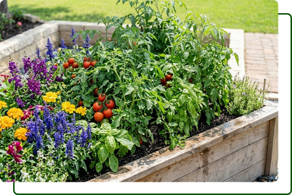 a weathered cedar raised garden bed, now overflowing with vibrant purple salvia, red tomatoes, and abundant flowering herbs under bright North Texas sunlight