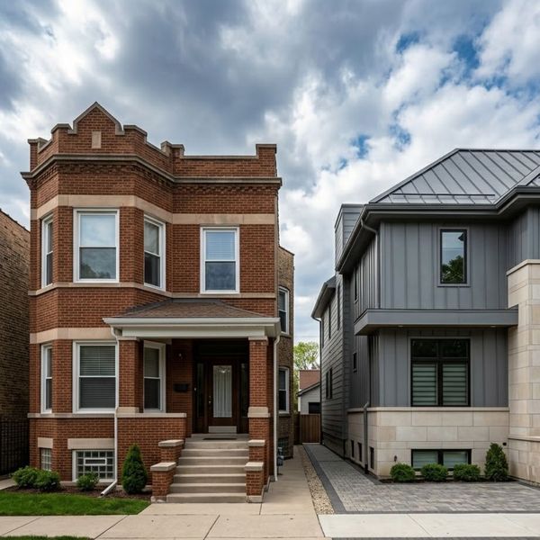 brick 2-flat and a modern luxury residential home