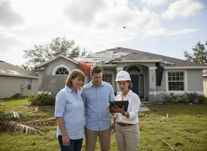 Expert showing homeowners drone footage of damaged roof
