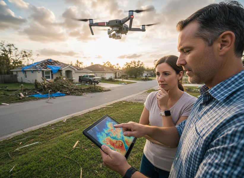 A man and woman use a drone and tablet to assess hurricane damage, viewing a map of affected areas in their debris-strewn neighborhood. Drone-Assisted Storm Damage Assessment