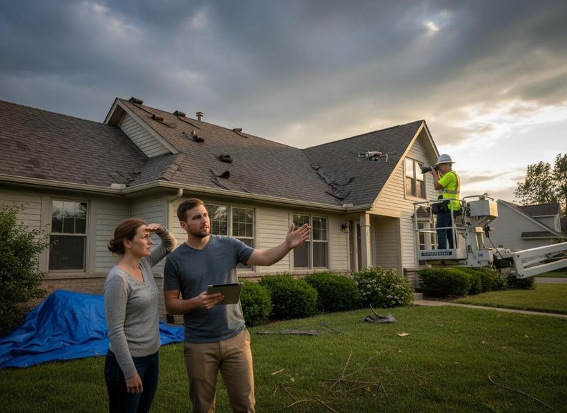 Storm Damaged Roof Inspection with Drone and Contractor