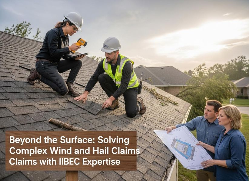 Two IIBEC experts, wearing hard hats, inspect a storm-damaged shingled roof. A woman uses a thermal imager and tablet, while a man examines shingles. Below, a couple reviews roof plans. IIBEC Experts Inspecting Roof for Wind and Hail Damage Claims