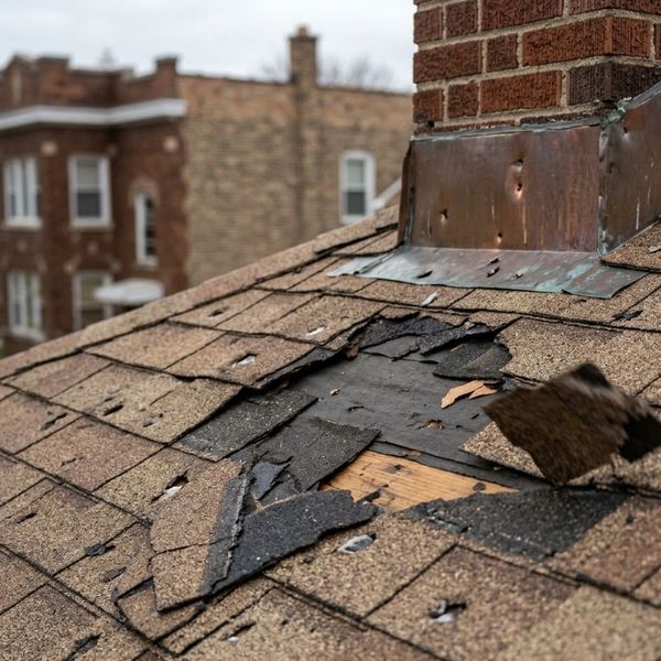 A close-up view of a Chicago bungalow roof showcasing specific wind and hail damage