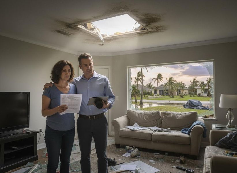 Couple assessing hurricane damage in their home